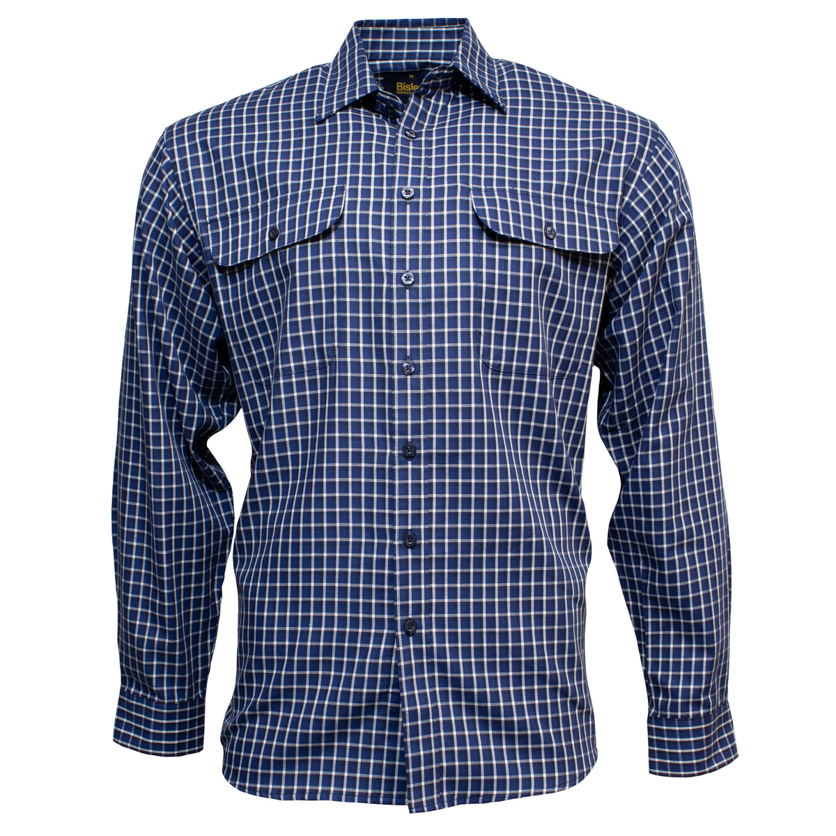 The Bisley Countryman Cotton Shirt is neatly displayed, showcasing its blue and white checkered pattern. This long-sleeve, button-down shirt features two chest pockets with buttoned flaps and a folded collar. The lightweight fabric makes it ideal for both casual and semi-formal occasions, embodying a timeless Countryman style.