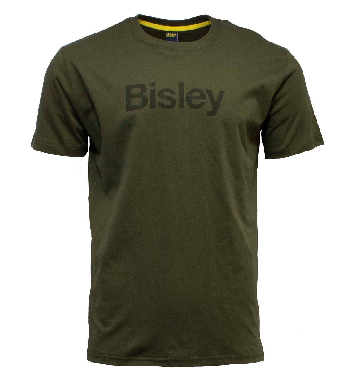 The Bisley Cotton Logo T-Shirt is an olive green cotton jersey featuring "Bisley" in dark print. This short-sleeved shirt has a round neckline and antimicrobial treatment for freshness.