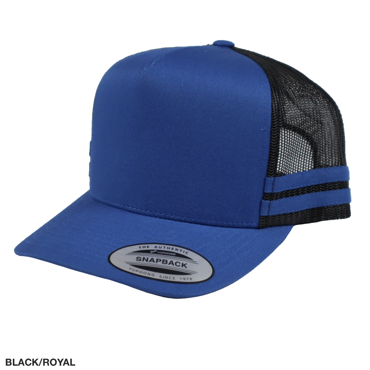 A FlexFit Stripe Cap featuring a blue front panel and brim, complemented by a black mesh back and two black horizontal stripes on the side. The cap includes an authentic Yupoong snapback label on the brim and an adjustable strap for a perfect fit.