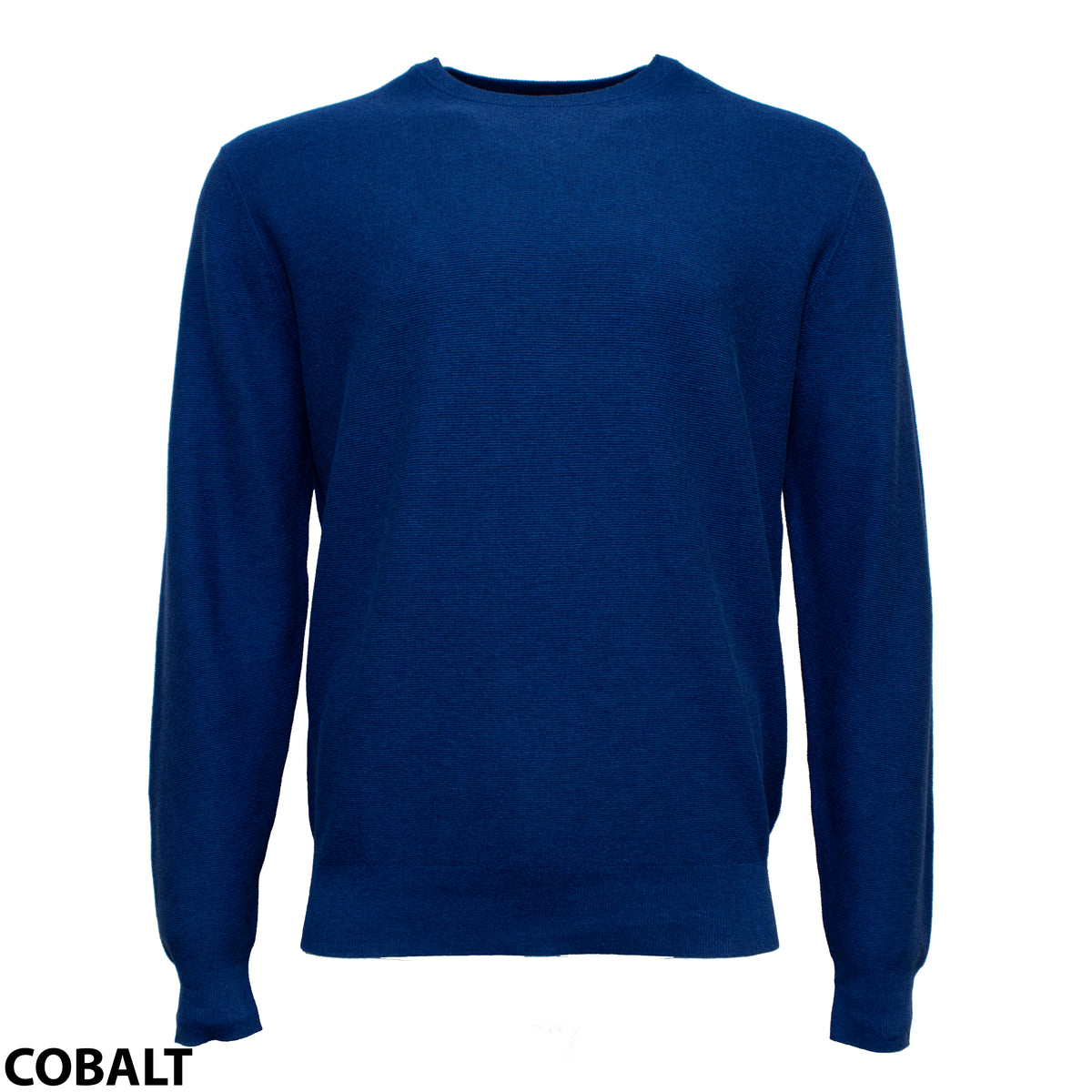 The Blazer Mason Cotton Textured Crew Neck, a plain cobalt blue 100% cotton jumper, is shown on a white background. "COBALT" is in black text at the bottom left corner.