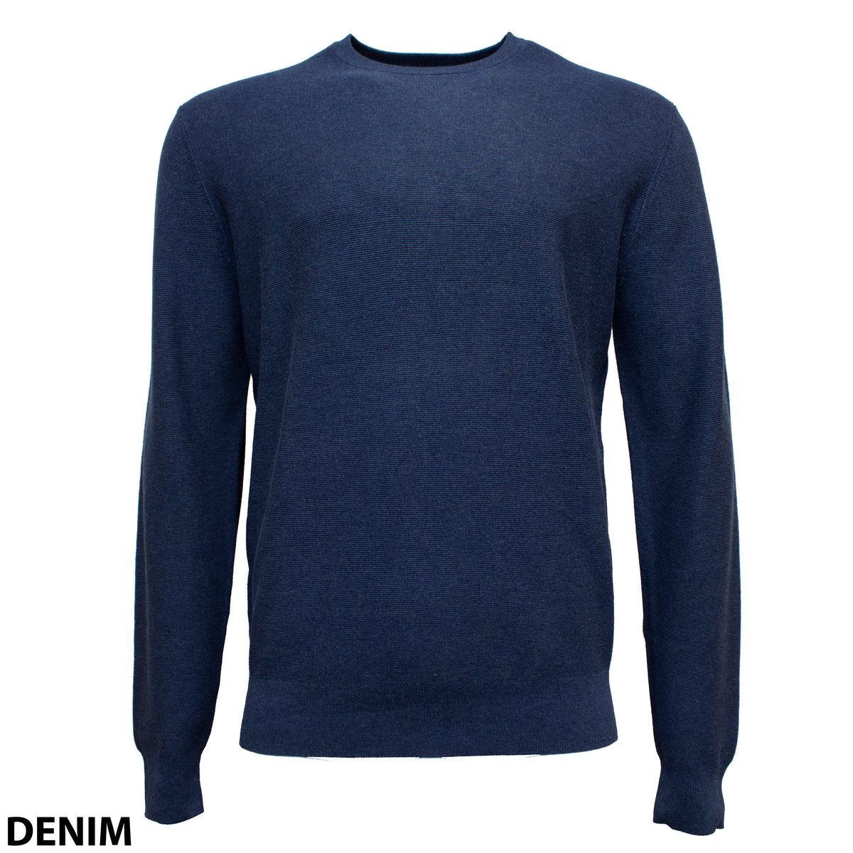 The Blazer Mason Cotton Textured Crew Neck is a plain, long-sleeved jumper in dark denim blue, displayed on a white background. "DENIM" is written in black at the bottom left corner.