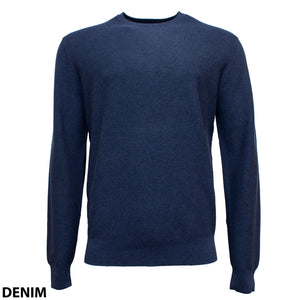 The Blazer Mason Cotton Textured Crew Neck is a plain, long-sleeved jumper in dark denim blue, displayed on a white background. "DENIM" is written in black at the bottom left corner.