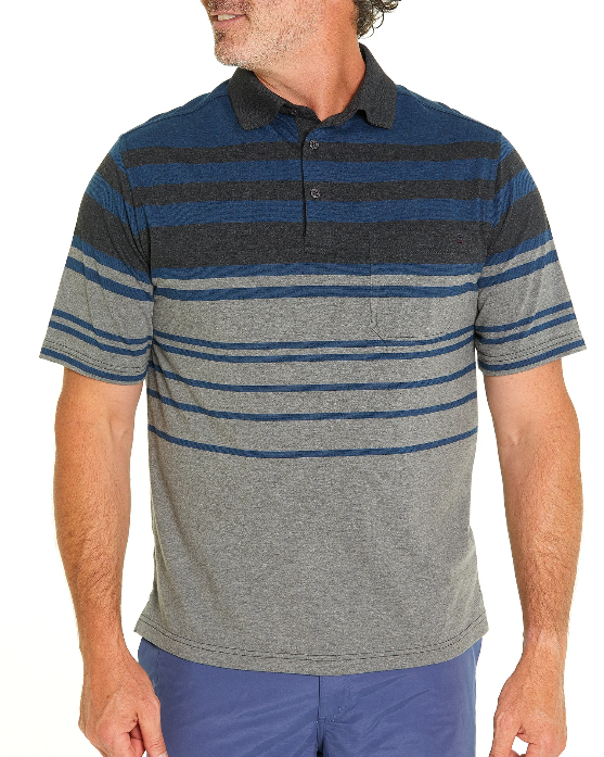 A man wearing the Breakaway Mariano Kinnersly Jersey Polo, a casual short-sleeved shirt with horizontal stripes in shades of blue and gray. The polo features a buttoned placket at the neck and a pocket on the left chest. He is also wearing blue shorts.