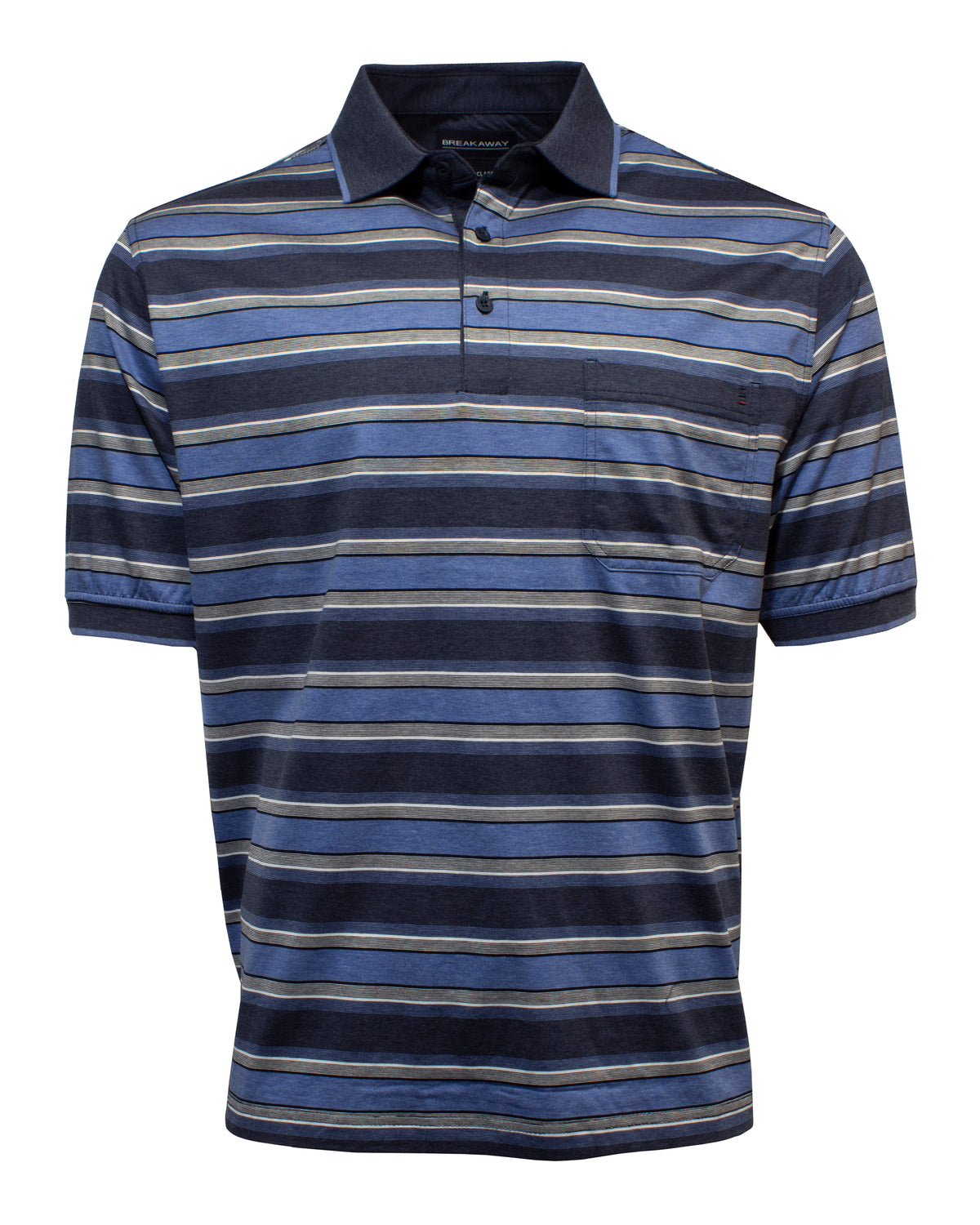 The Breakaway Anders Mercerised Polo is a comfortable cotton garment featuring blue and gray stripes, a collar, three front buttons, and a convenient chest pocket on the left side.