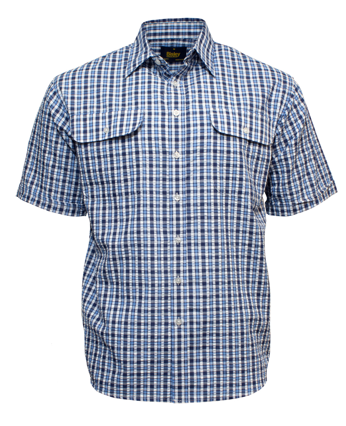 The Bisley Countryman Seersucker Short Sleeve Shirt, in blue and white plaid with two chest pockets and a collar, is made from a polyester/cotton blend and shown on a plain white background.
