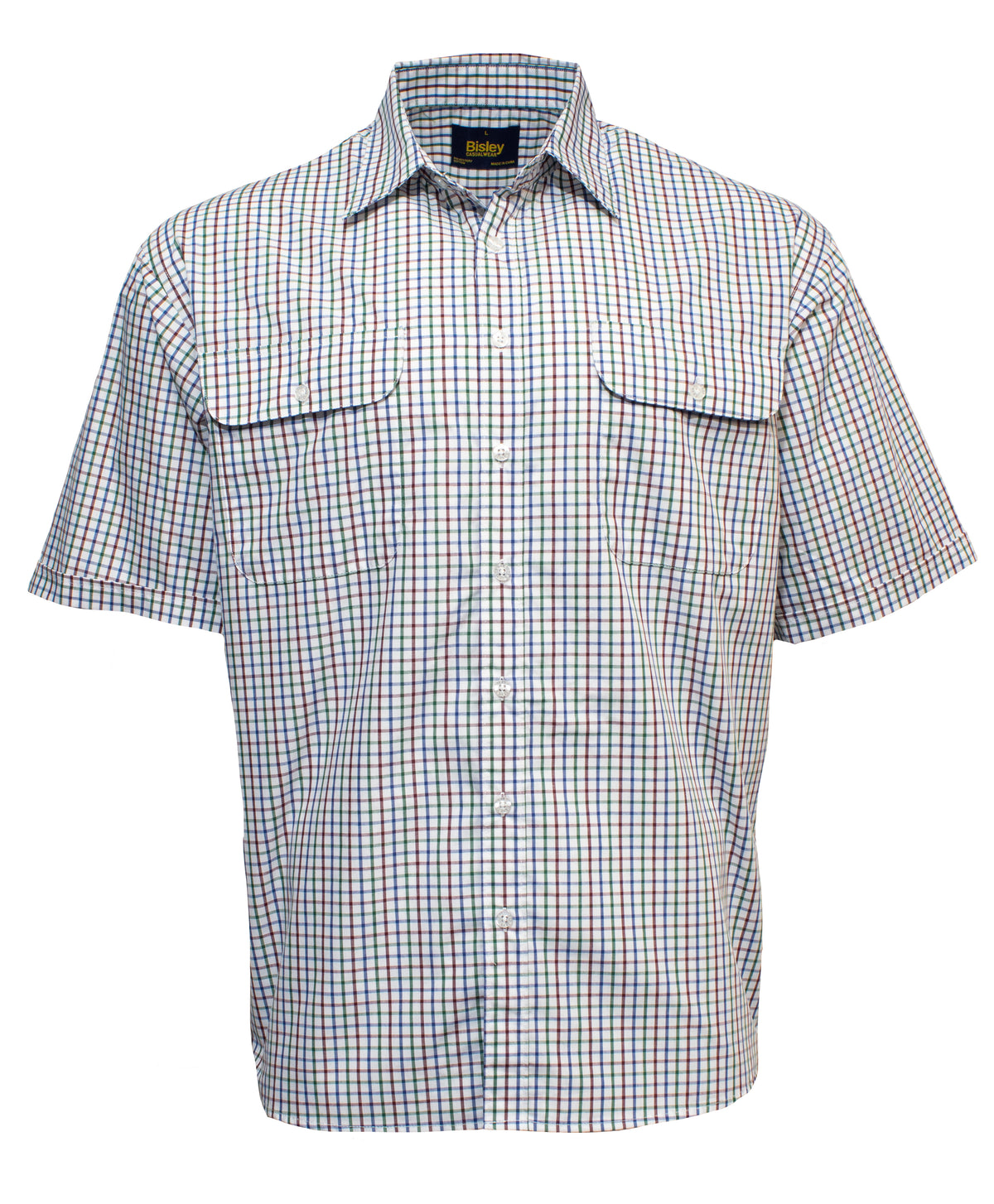 The Bisley Countryman Short Sleeve Shirt is a durable polyester/cotton blend with a plaid pattern in blue, red, and green. It features short sleeves, button-up design, two chest pockets, and a pointed collar for classic appeal.