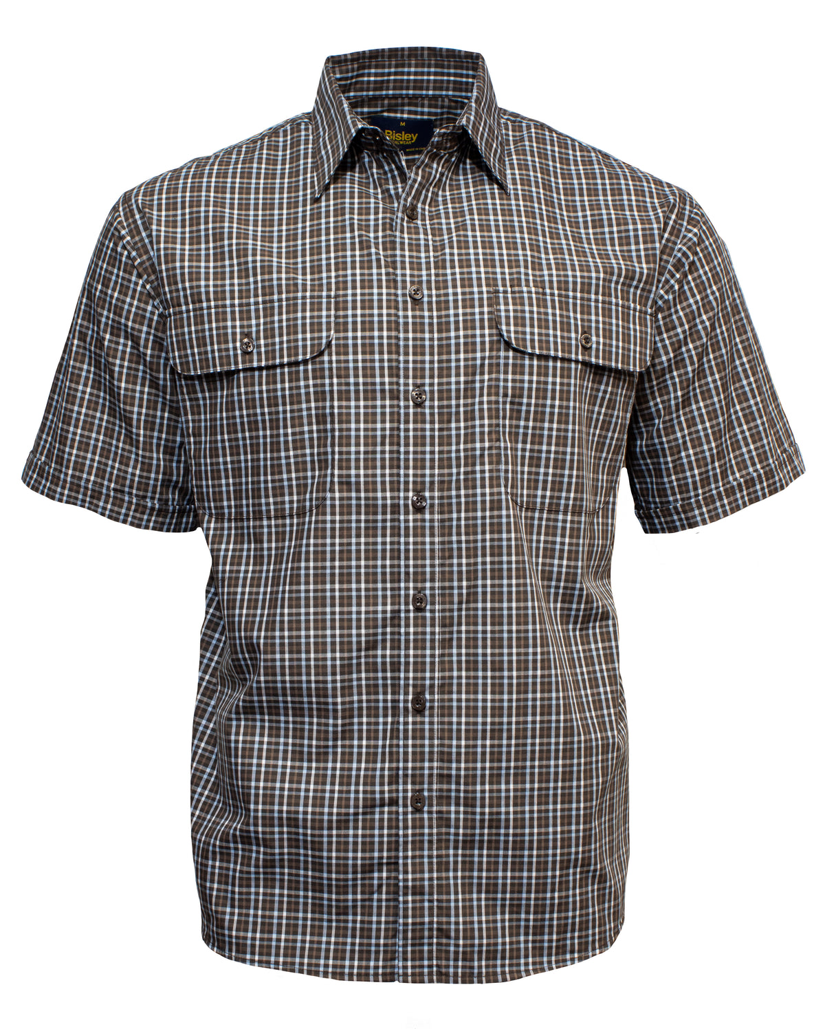 The Bisley Countryman Short Sleeve Shirt is a button-up shirt with a brown, blue, and white plaid pattern. Crafted from a durable polyester/cotton blend, it features two front chest pockets with button closures and a collar.