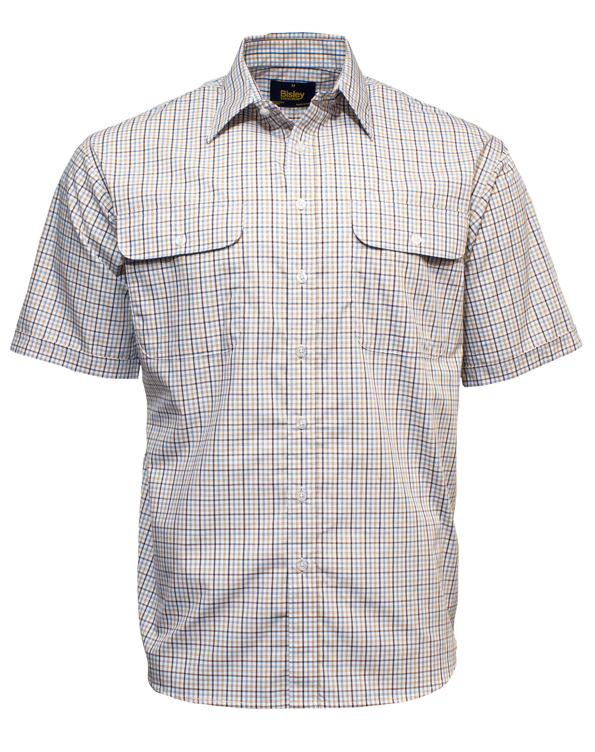 The Bisley Countryman Short Sleeve Shirt is a button-up with a blue, brown, and white checkered pattern. Made from a durable polyester/cotton blend, it includes two chest pockets with buttoned flaps and a collar, neatly ironed and displayed on a plain white backdrop.