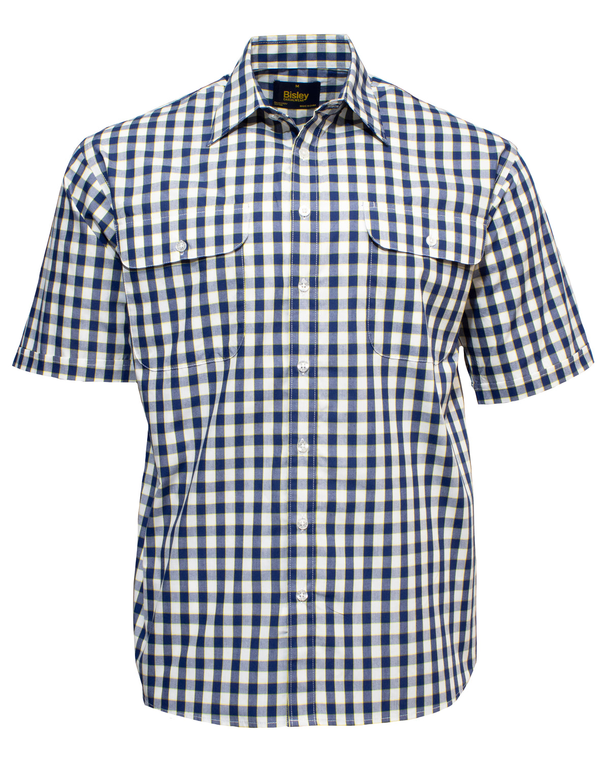 The Bisley Countryman Short Sleeve Shirt is a short-sleeved, button-up shirt with a blue and white gingham pattern. Made from a durable Polyester/Cotton blend, this shirt features two front chest pockets with button closures for added functionality and style.
