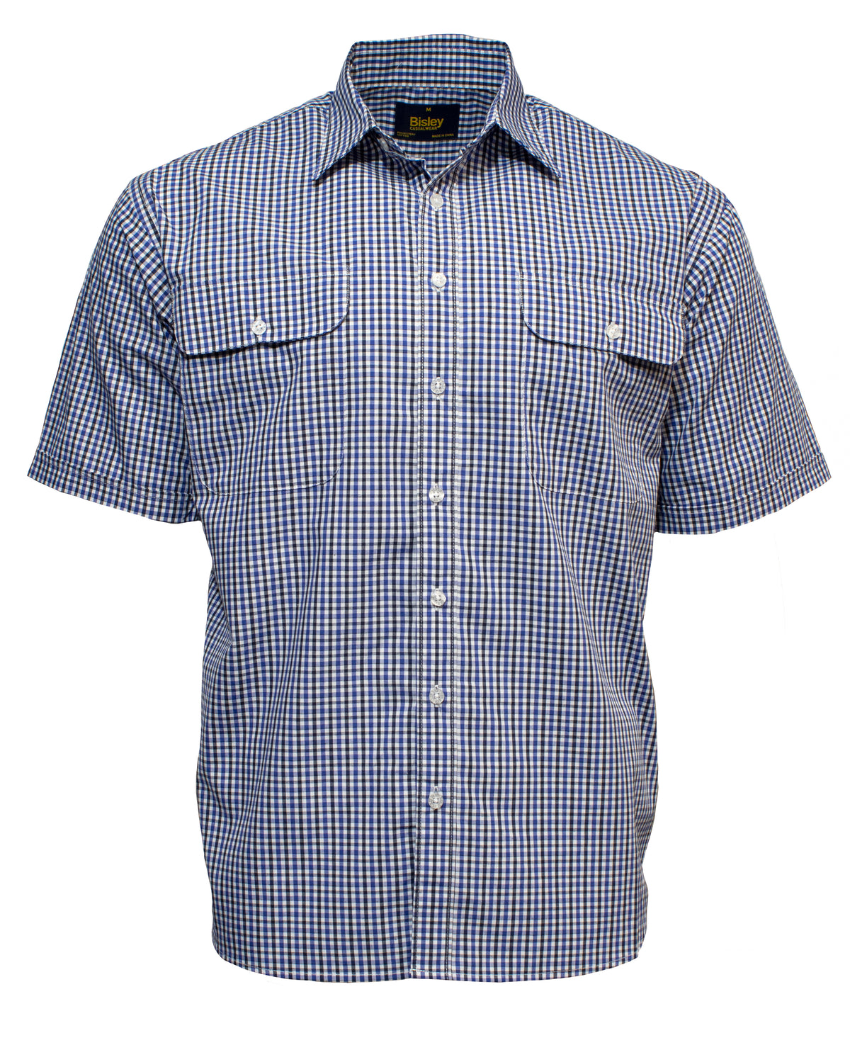 The Bisley Countryman Short Sleeve Shirt is a blue and white checkered, button-up dress shirt crafted from a durable Polyester/Cotton blend. It features two chest pockets with button closures and a classic collar.