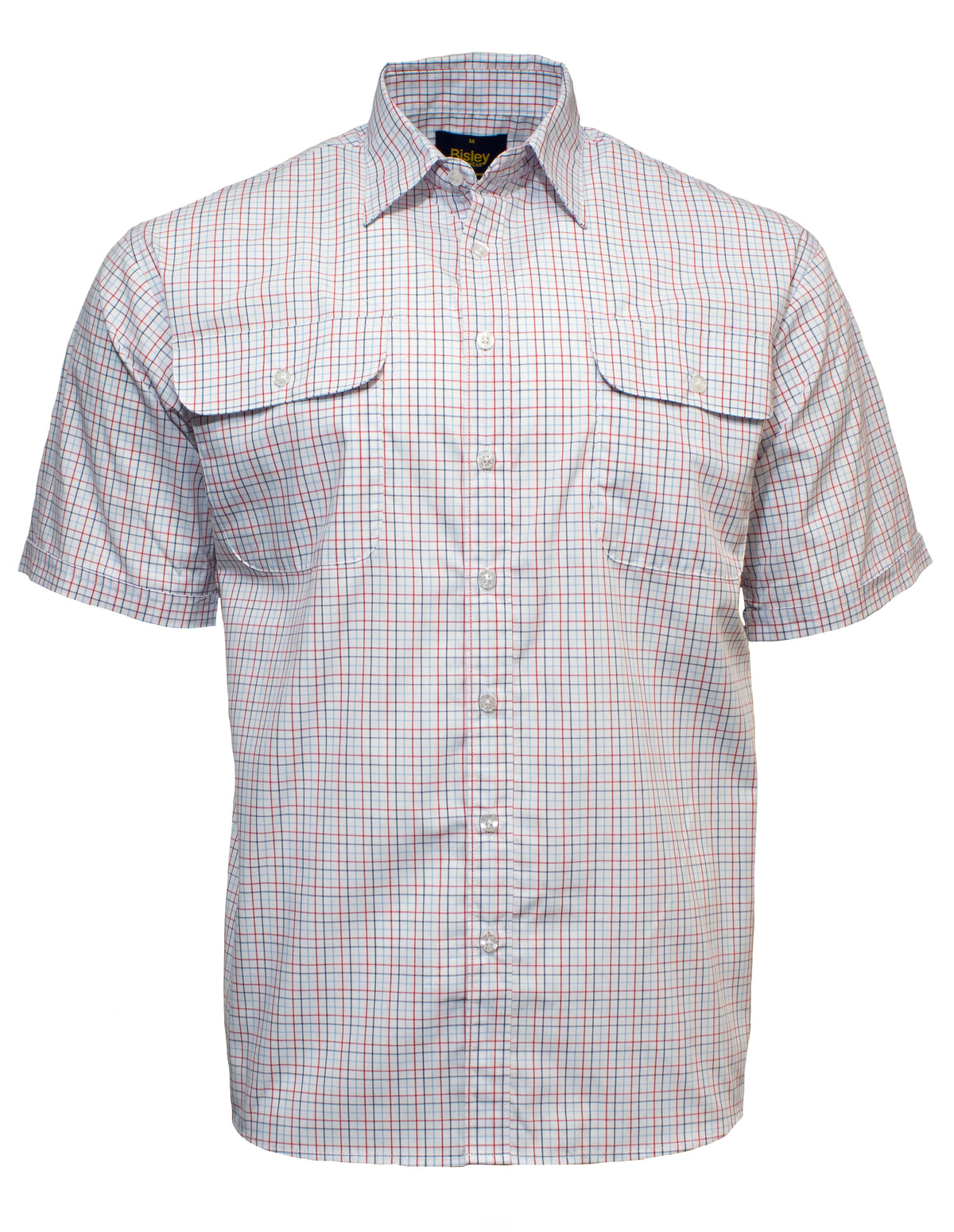 Check out the Bisley Countryman Short Sleeve Shirt, featuring a Polyester/Cotton blend with a red, blue, and white checkered pattern. This short-sleeved button-up offers two chest pockets and a pointed collar for a timeless look.