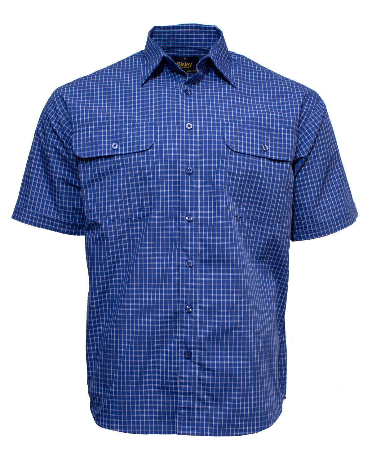 The Bisley Countryman Short Sleeve Shirt is a blue button-up featuring a white checkered pattern, crafted from a durable polyester/cotton blend. It includes two button-flap chest pockets, combining classic style with Bisley's renowned quality.