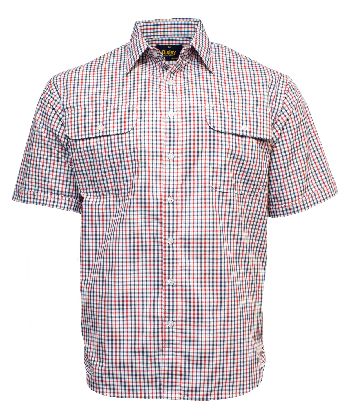 Introducing the Bisley Countryman Short Sleeve Shirt, a classic button-up made from a durable polyester/cotton blend. It showcases a red, blue, and white checkered pattern, collar, and two chest pockets with button closures—ideal for any casual outing.