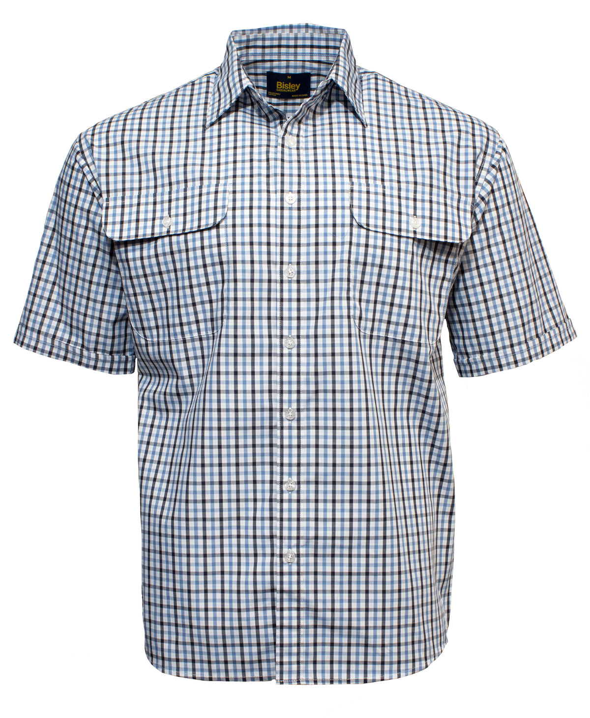 Meet the Bisley Countryman Short Sleeve Shirt: a durable Polyester/Cotton blend with blue, white, and black plaid. It features a button-up design, classic collar, and two front chest pockets for a stylish yet functional look.