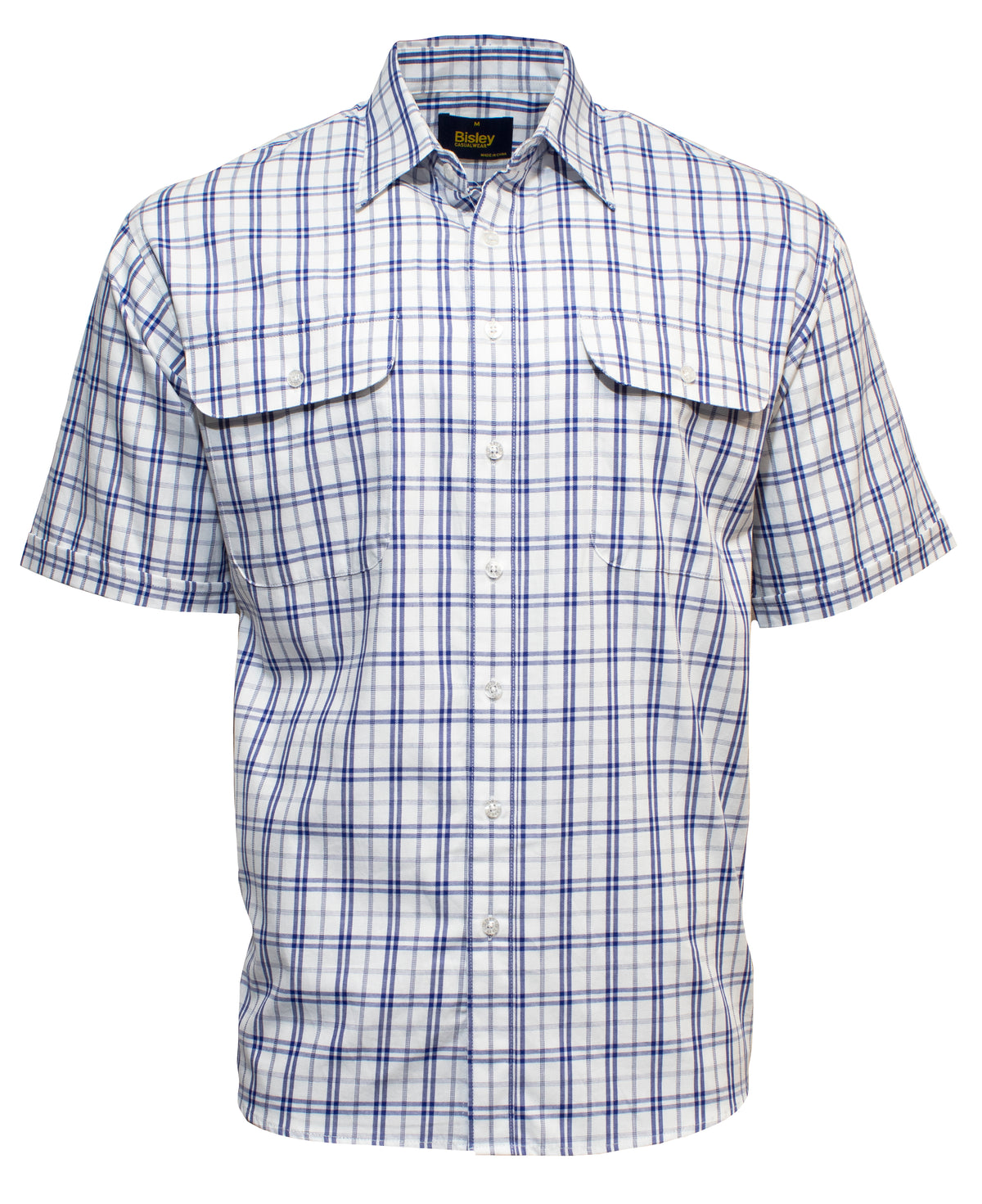 The Bisley Countryman Cotton Short Sleeve Shirt features a relaxed fit with a white backdrop and blue plaid pattern. Made from soft cotton, it includes two large front pockets with button flaps and a collar, making it ideal for casual wear.