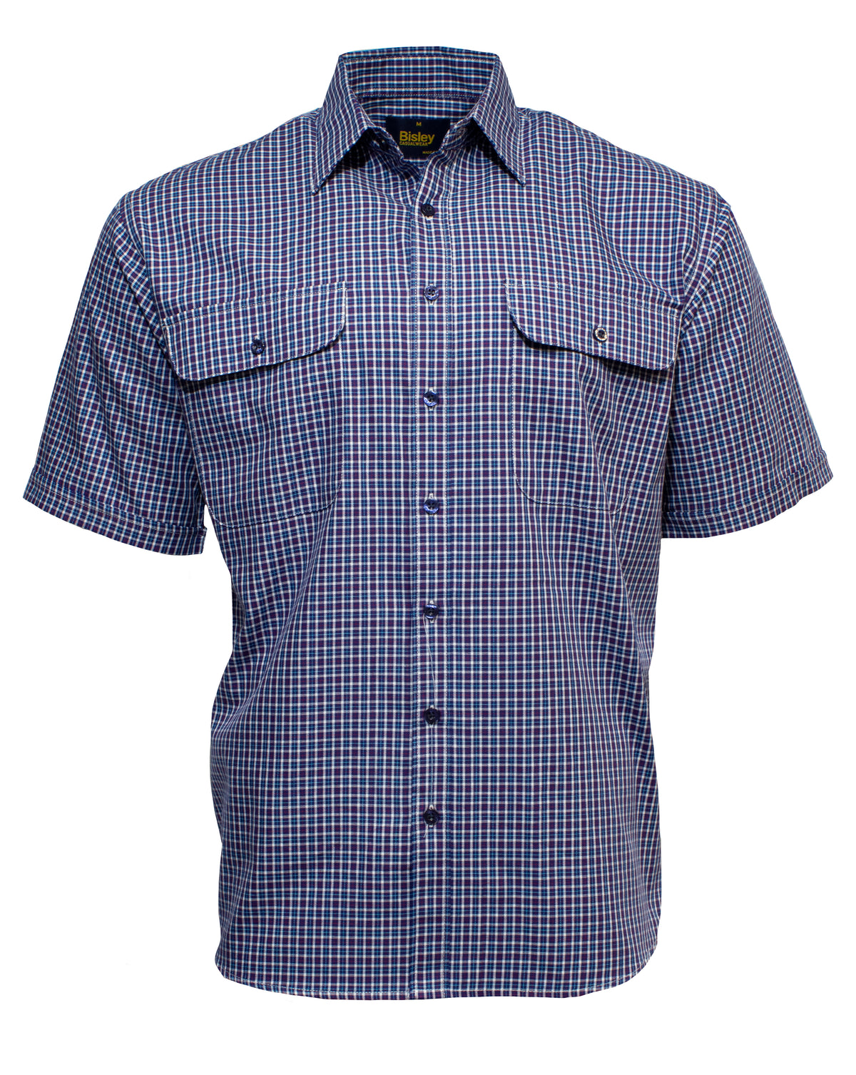 The Bisley Countryman Cotton Short Sleeve Shirt is a button-up shirt with a blue, red, and white checkered pattern. Made from comfortable cotton, it features two chest pockets with buttoned flaps and a collar.