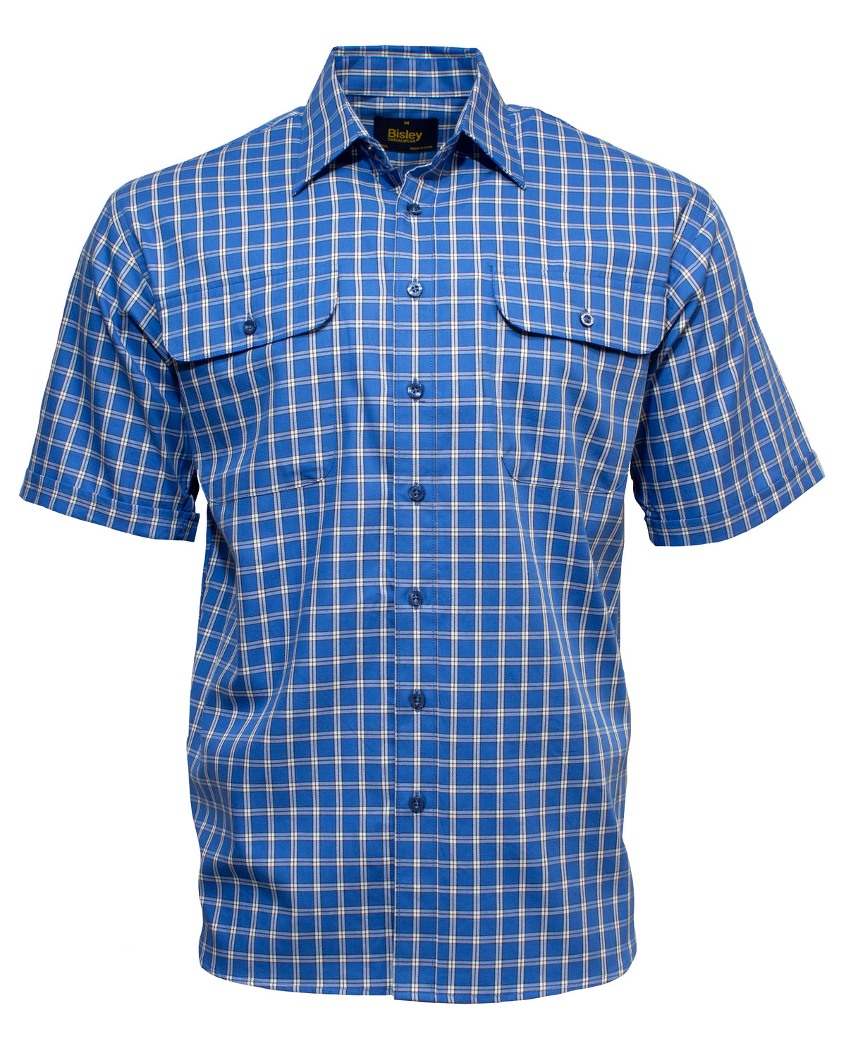 A short-sleeve cotton shirt with a blue plaid design and a button-down front. The Bisley Countryman Cotton Short Sleeve Shirt features two front chest pockets, each secured with a buttoned flap. It comes with a standard collar, and the fabric is patterned with intersecting white and blue stripes forming squares.
