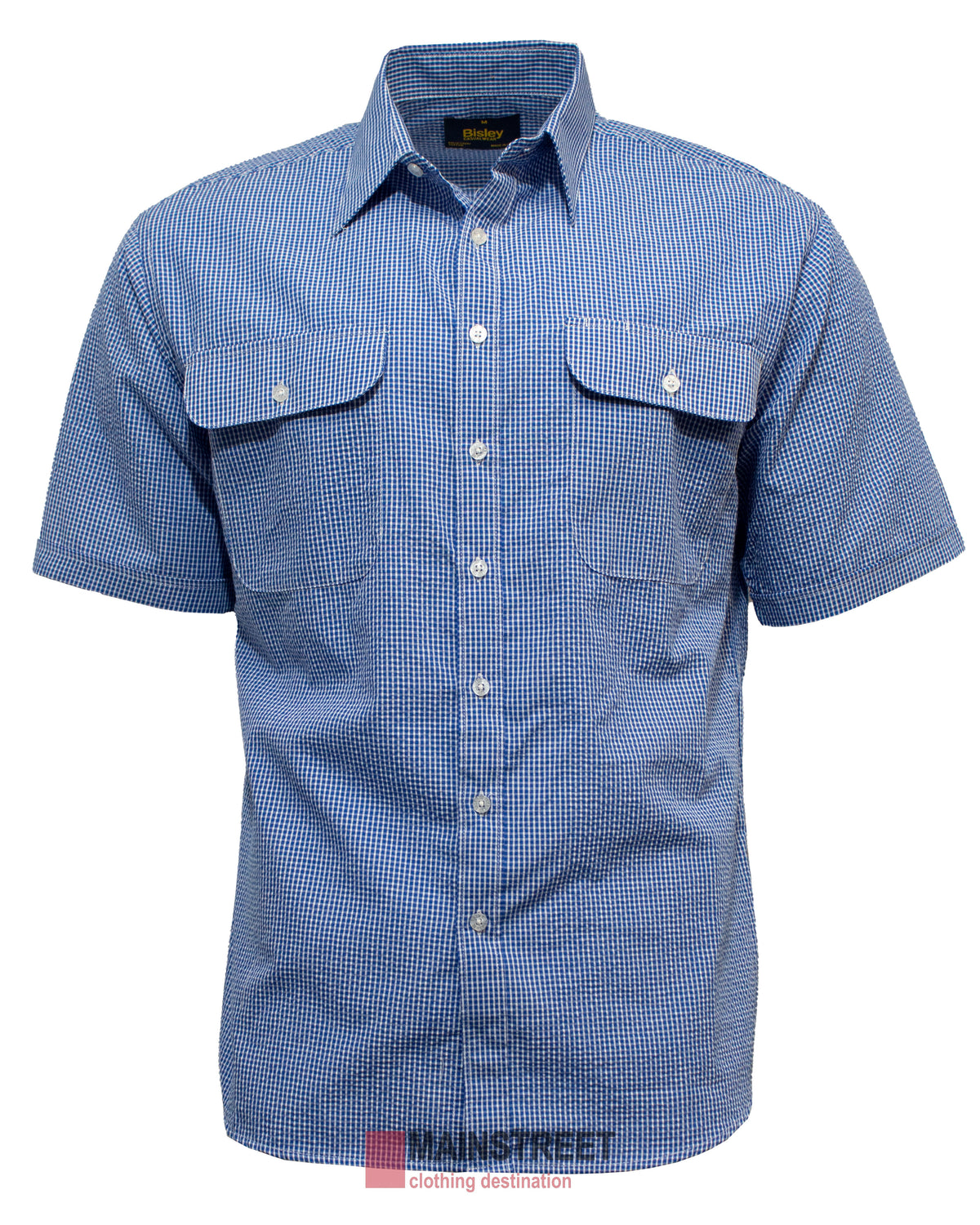 Introducing the Bisley Countryman Seersucker Short Sleeve Shirt: a blue checkered button-down with generous sizing. It features two chest pockets with button closures and is crafted from a lightweight polyester/cotton blend, perfect for casual or semi-casual occasions.