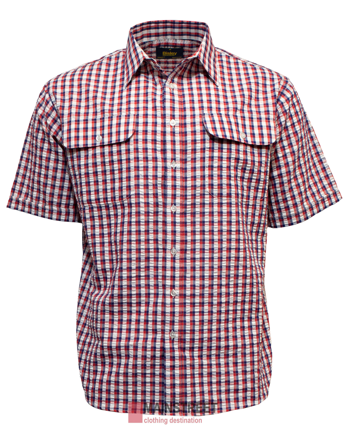 Check out the Bisley Countryman Seersucker Short Sleeve Shirt: a classic short-sleeved red, white, and blue plaid shirt. Made from a polyester/cotton blend, it offers buttoned chest pockets, a collar, and front buttons for style and comfort.