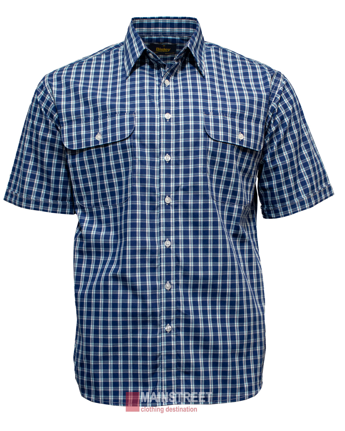The Bisley Countryman Short Sleeve Shirt is a blue and white checkered Polyester/Cotton blend with short sleeves and two chest pockets with button flaps.