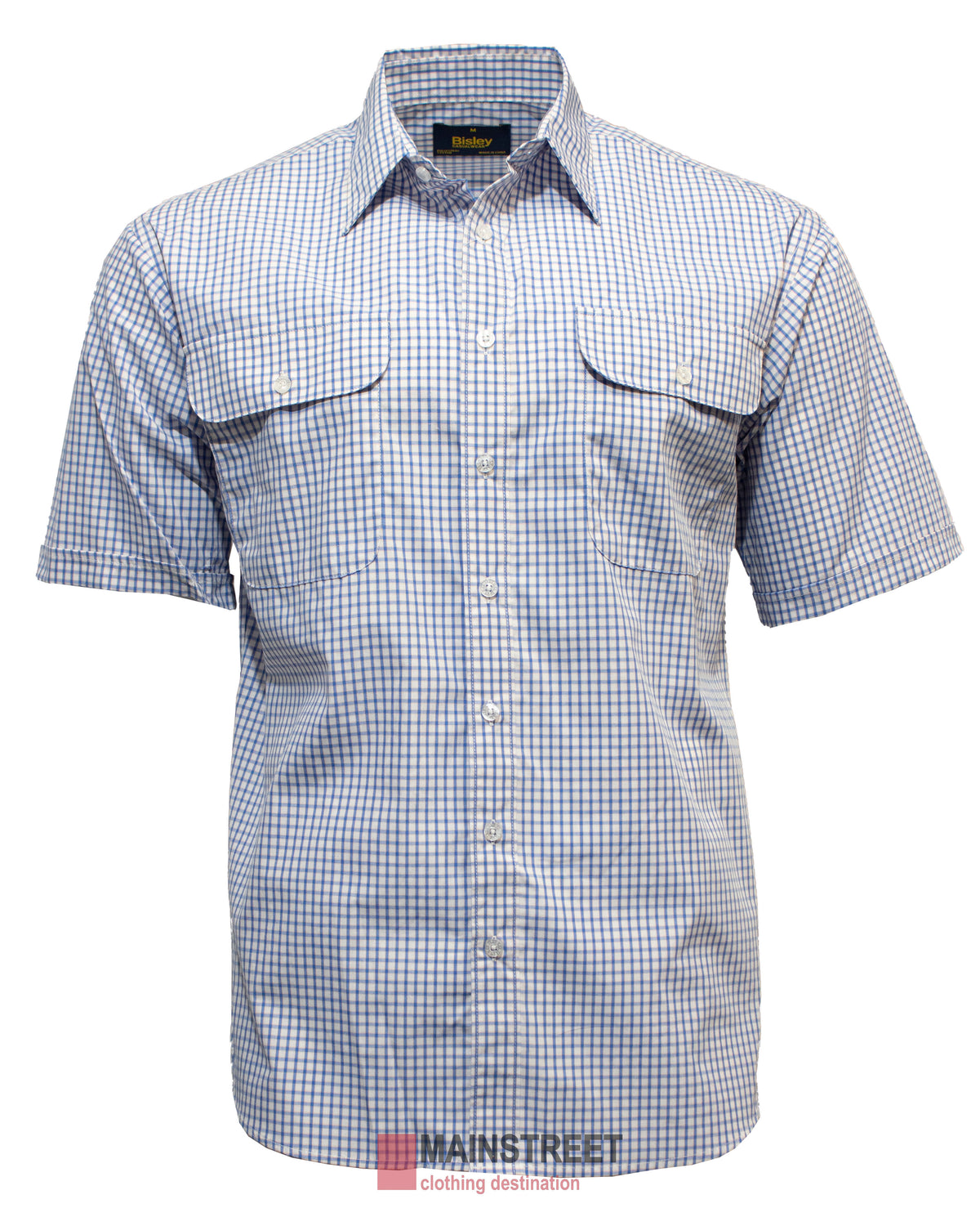 The Bisley Countryman Short Sleeve Shirt features a blue and white checkered pattern with two front pockets, crafted from a durable polyester/cotton blend. The "Builder" brand label prominently echoes Bisley's synonymous quality.