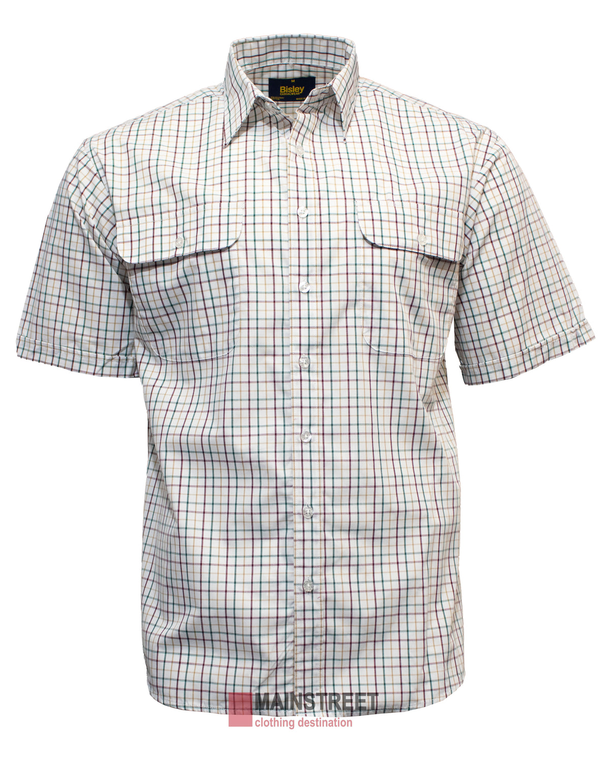 The Bisley Countryman Short Sleeve Shirt features a button-up design with a classic plaid pattern in white, blue, and red. It has buttoned chest pockets for style and functionality and is displayed on a white background.