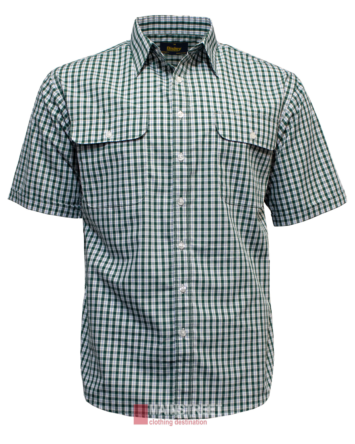 Introducing the Bisley Countryman Short Sleeve Shirt: a durable green and white checkered men's shirt made from a Polyester/Cotton blend, featuring a collar, button-down front, and two flap-covered buttoned chest pockets—ideal for casual occasions.
