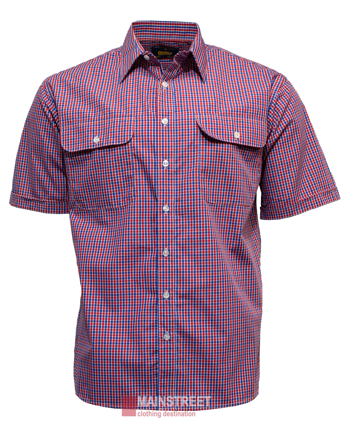 The Bisley Countryman Short Sleeve Shirt features a red, blue, and white checkered pattern on a crisp white background. Made from a durable polyester/cotton blend, it has a button-up front and two chest pockets.