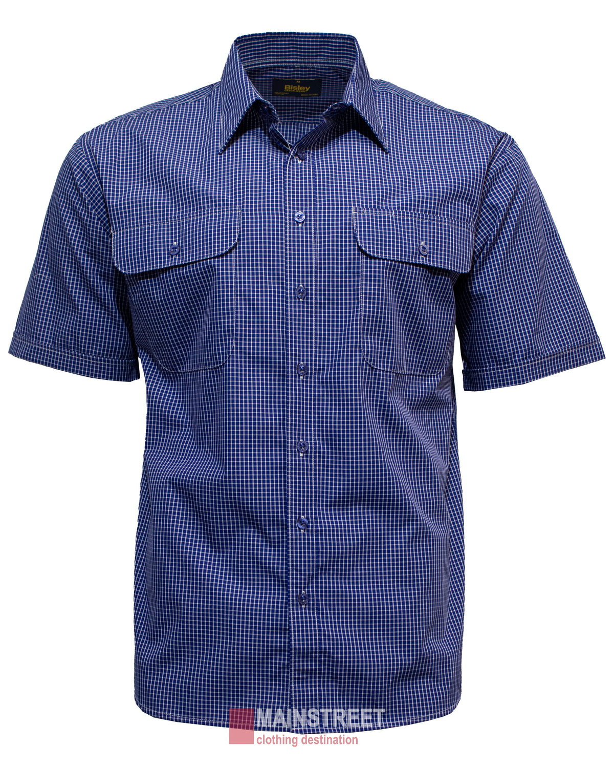 The Bisley Countryman Short Sleeve Shirt showcases a blue checkered short-sleeve design with buttoned chest pockets on a white background.