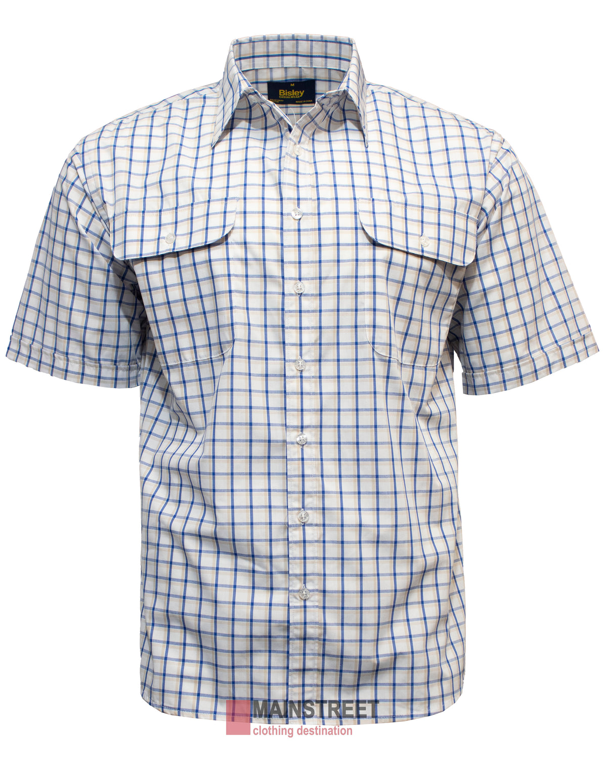 The Bisley Countryman Short Sleeve Shirt is made from a durable polyester/cotton blend, features a stylish blue and white checkered pattern, has short sleeves, button-up design, and includes two practical chest pockets with flaps.
