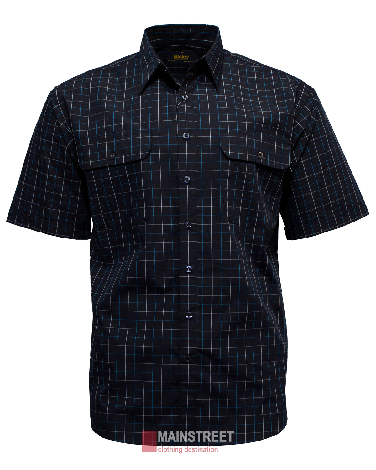 The Bisley Countryman Short Sleeve Shirt is a black button-up made from a polyester/cotton blend, featuring a blue and white grid pattern and two buttoned chest pockets.