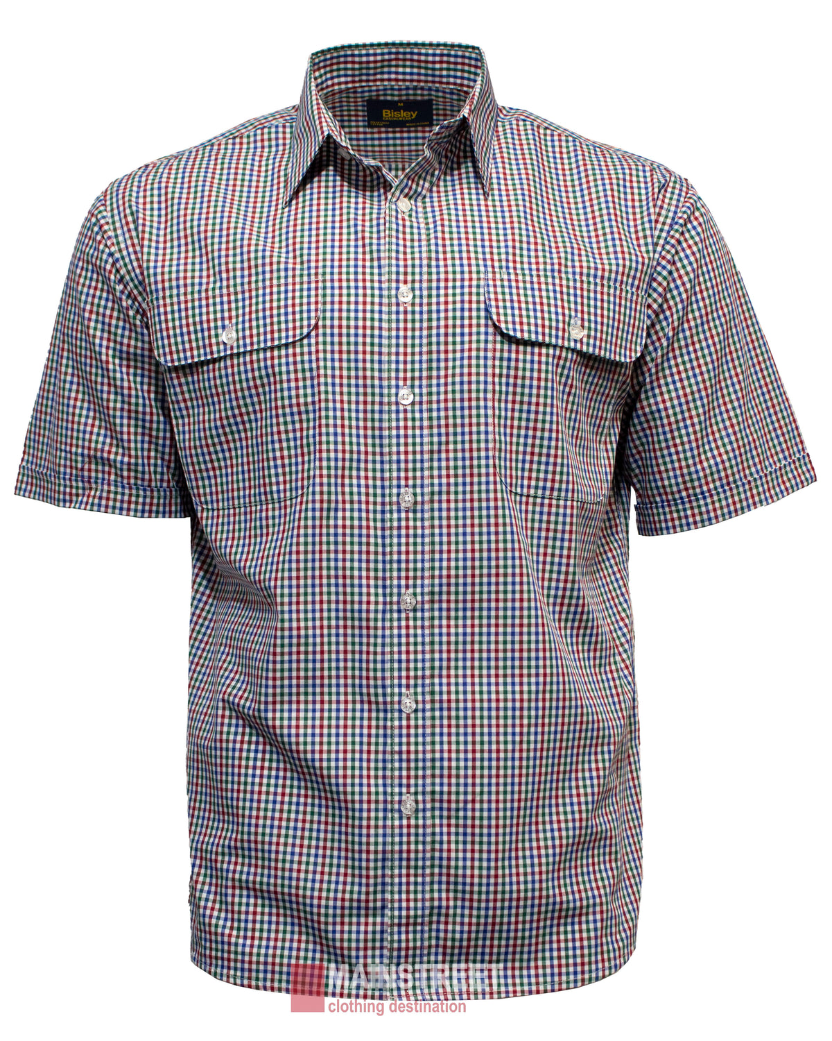 Introducing the Bisley Countryman Short Sleeve Shirt, a comfortable polyester/cotton blend shirt with a multicolored checkered pattern of red, blue, green, and yellow squares. It features buttoned chest pockets and front buttons on a white background.