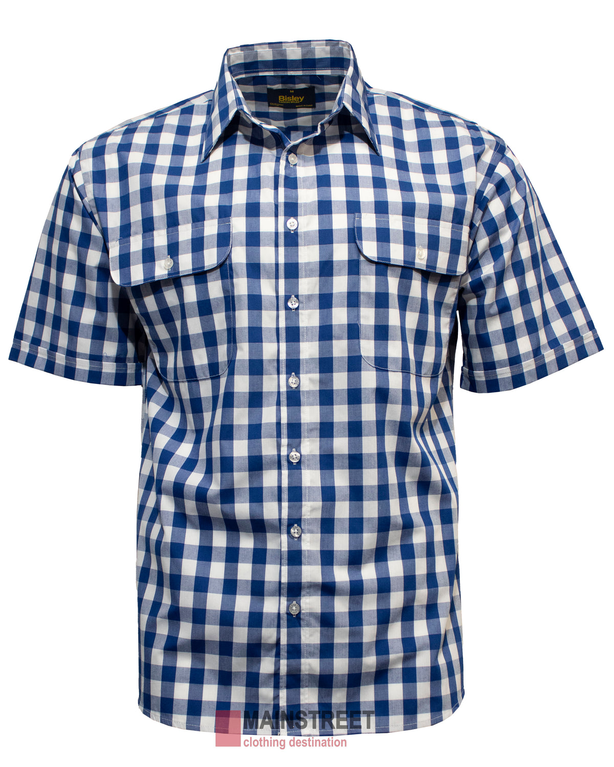 The Bisley Countryman Short Sleeve Shirt showcases a blue and white checkered design in a comfortable Polyester/Cotton blend, featuring two handy chest pockets and short sleeves for added style and utility.