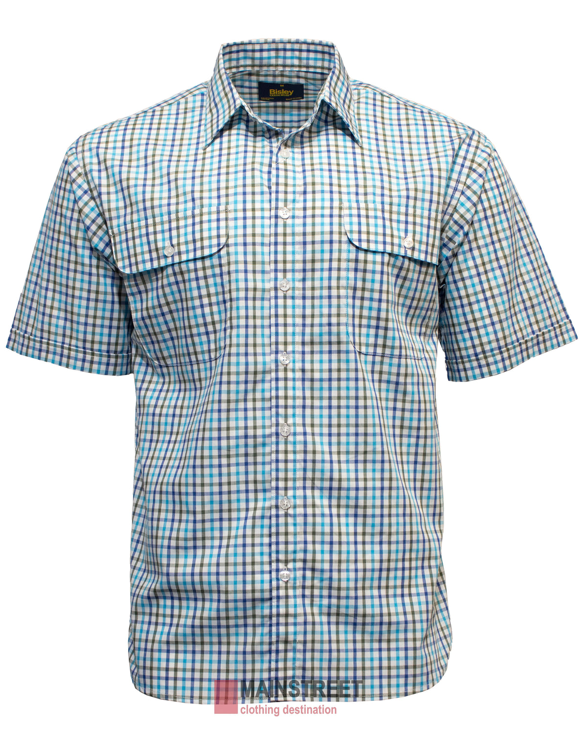 The Bisley Countryman Short Sleeve Shirt is a durable polyester/cotton blend button-up featuring a blue, green, and white plaid pattern, two chest pockets, and a classic collar.