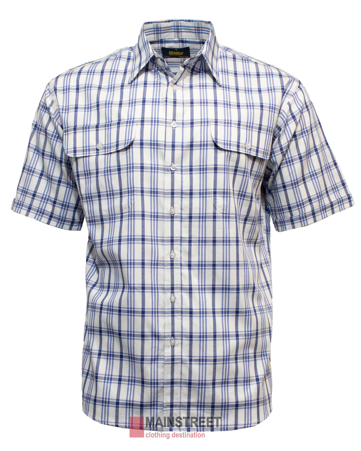 The Bisley Countryman Cotton Short Sleeve Shirt is a blue and white plaid button-up made from soft cotton, featuring two buttoned chest pockets. It is labeled "Billionaire" and displayed on a plain white background.