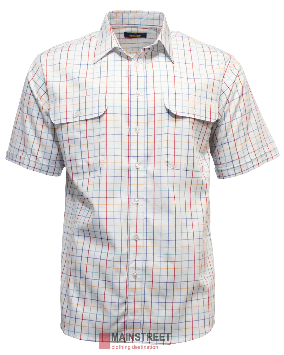 The Bisley Countryman Cotton Short Sleeve Shirt features a plaid design with a white base and red and blue grid lines. It's crafted from premium cotton, offering a button-down front and dual chest pockets for style and functionality.