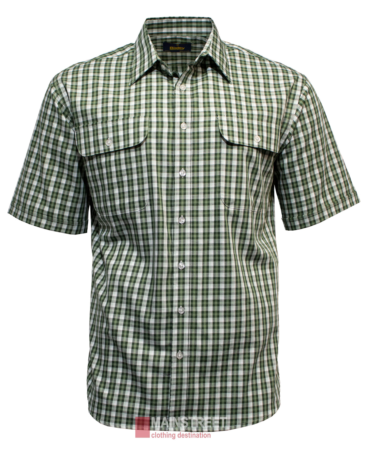 The Bisley Countryman Cotton Short Sleeve Shirt is made of soft cotton, features green and white checks, buttoned chest pockets, front buttons, a classic collar, a neck label, and the "Manstreet clothing destination" logo partially visible at the bottom.