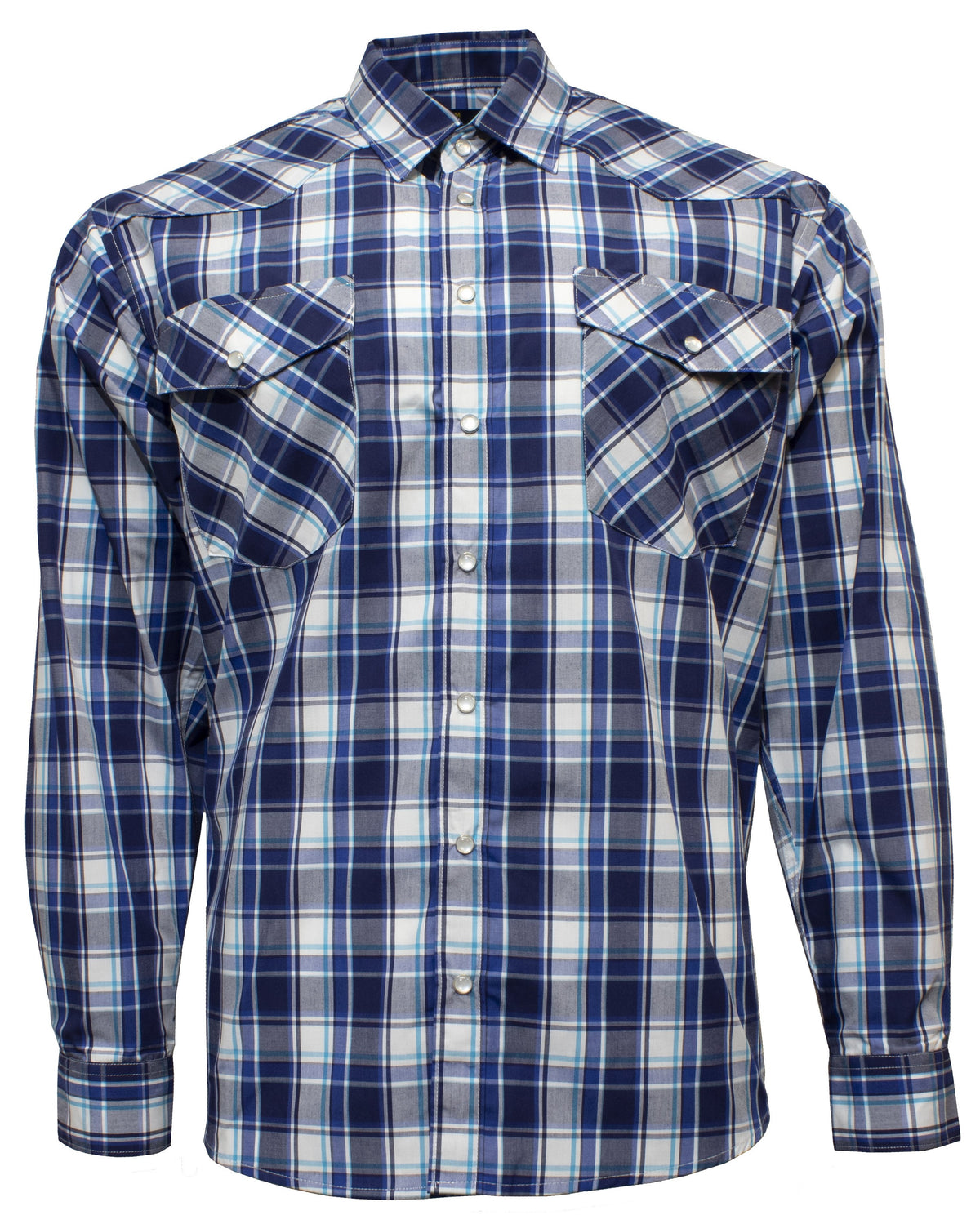 The Bisley Western Shirt is a long-sleeved, button-down shirt featuring a blue, white, and black plaid pattern. It has a collared neckline and two buttoned chest pockets, crafted from a durable Polyester/Cotton blend.