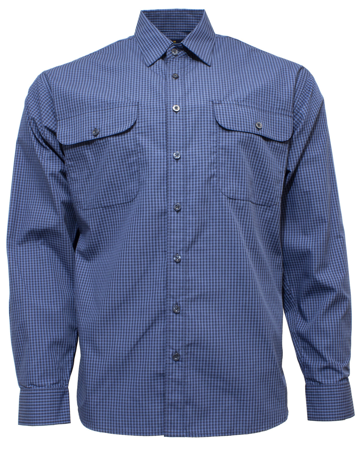 The Bisley Countryman Shirt is a blue checkered long-sleeve featuring a button-up front and two chest pockets. Made from a durable polyester/cotton blend, it showcases a small gingham pattern and is displayed against a plain white background.