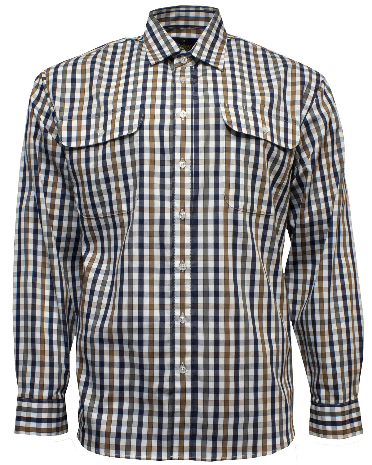 The Bisley Countryman Shirt is a long-sleeve, button-up designed with a checkered pattern in shades of blue, white, and brown. Crafted from a durable polyester/cotton blend, it features two chest pockets with buttoned flaps and a standard collar.