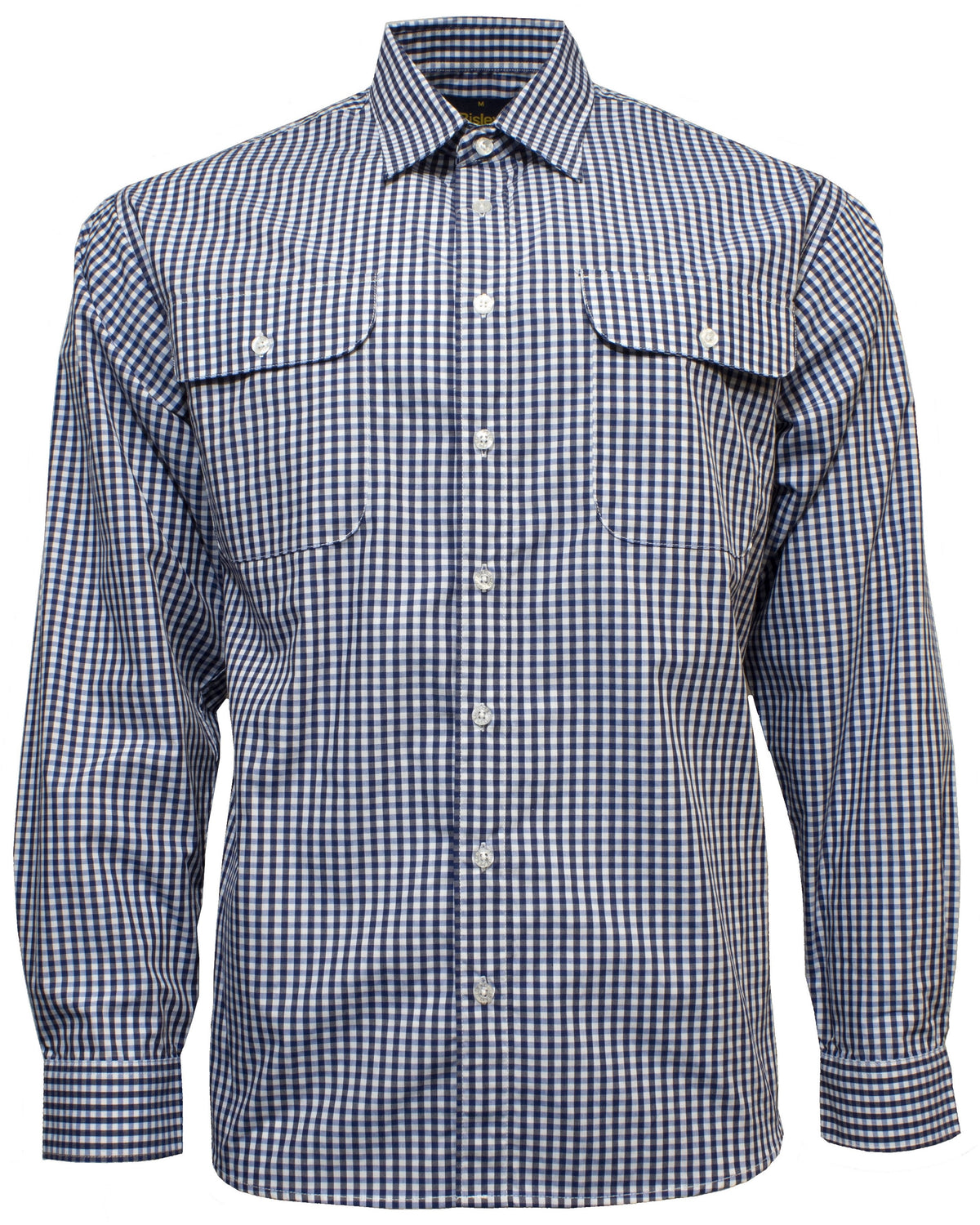 The Bisley Countryman Shirt is a long-sleeved, blue and white checkered button-down featuring two buttoned breast pockets. Made from a durable blend of Polyester and Cotton, the fabric showcases a small, tight gingham pattern. It is neatly pressed with a pointed collar, ensuring a classic look.