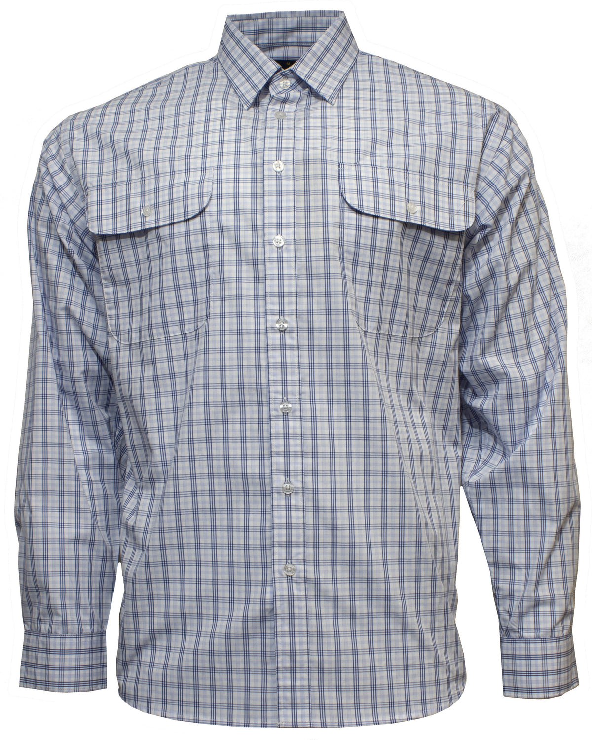 The Bisley Countryman Shirt is a long-sleeve, button-up with a blue and white checkered pattern. It features a classic collar and two large front chest pockets with flaps and buttons. Made from a lightweight Polyester/Cotton blend fabric, the shirt is ideal for casual or semi-formal wear.