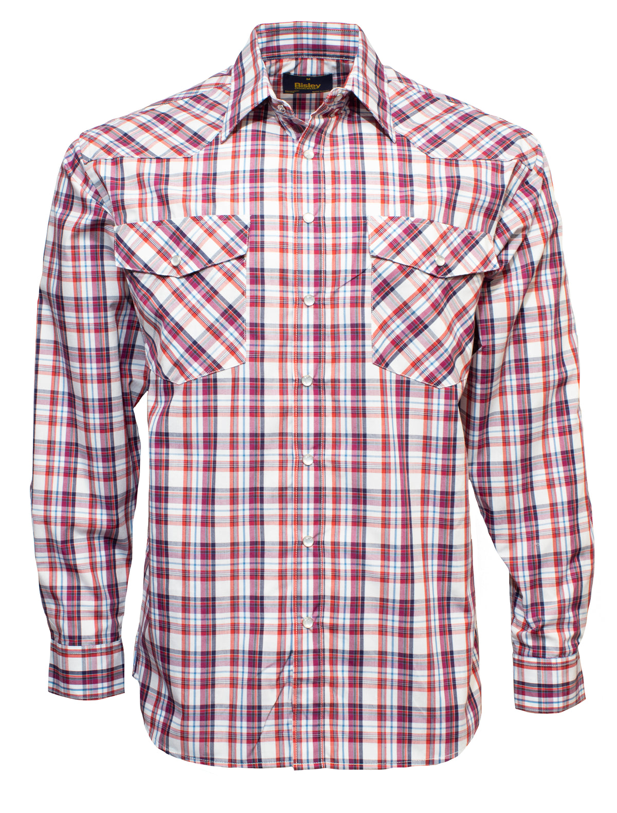 Discover the Bisley Western Shirt: a long-sleeve plaid shirt in a red, blue, and white checkered pattern. Made from durable polyester/cotton blend, it features two front chest pockets with buttoned flaps and a classic collar—all set against a plain white backdrop.