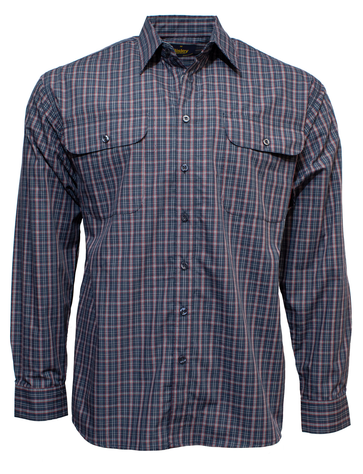 Introducing the Bisley Countryman Shirt: a classic long-sleeved, button-up shirt made from a durable polyester/cotton blend. It sports a blue, red, and white plaid pattern with a collar and two buttoned chest pockets for added style.