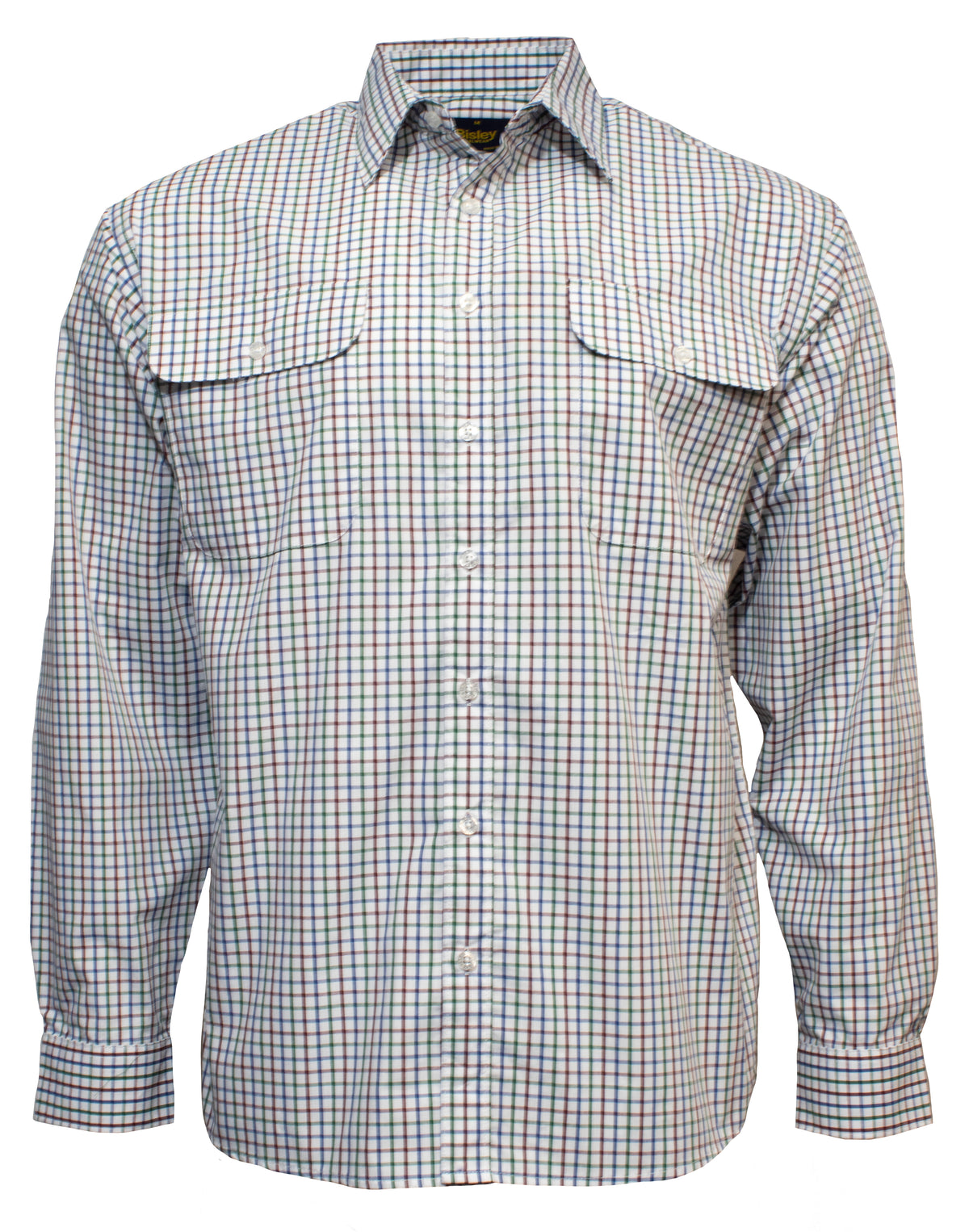 Introducing the Bisley Countryman Shirt: a long-sleeved, button-up shirt featuring a small checkered pattern in shades of blue, red, and white. Made from a durable Polyester/Cotton blend, it includes two chest pockets with buttoned flaps and a standard collar.