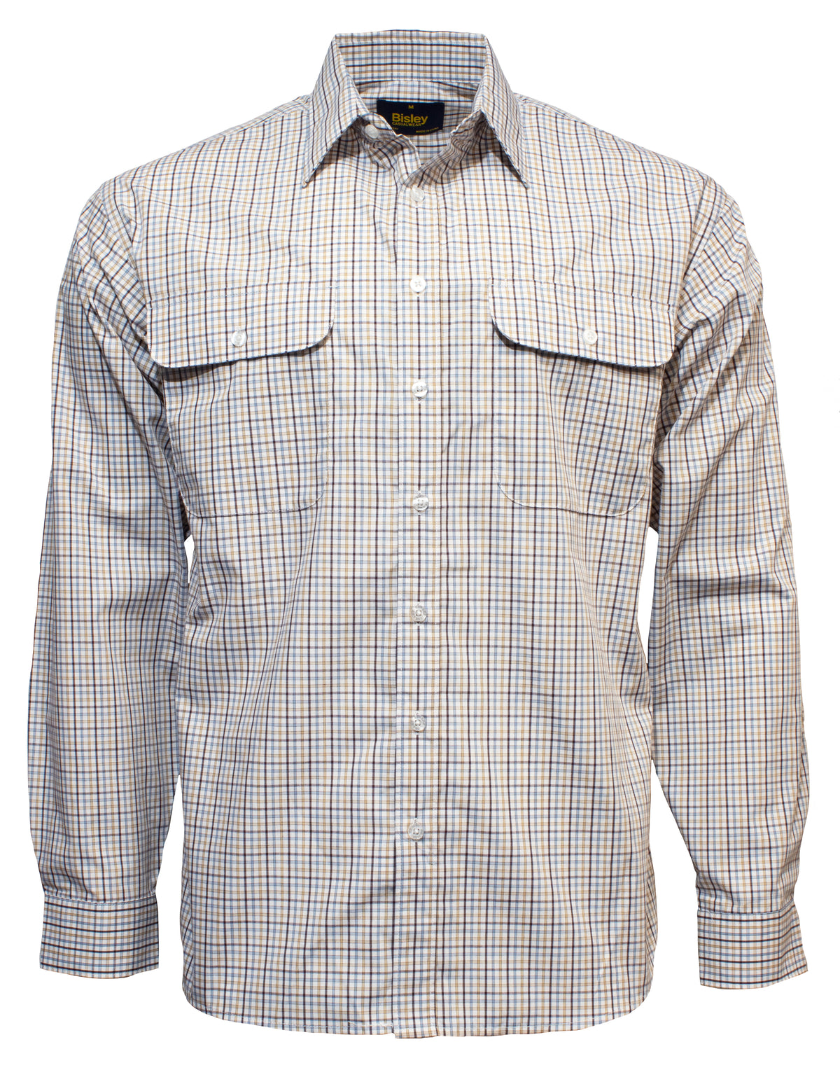 The Bisley Countryman Shirt is a long-sleeve checkered delight featuring a blend of white, blue, and yellow squares. Made from a Polyester/Cotton blend, it has a button-up front, two chest pockets, and a collar. The lightweight fabric is perfect for both casual and semi-formal occasions.