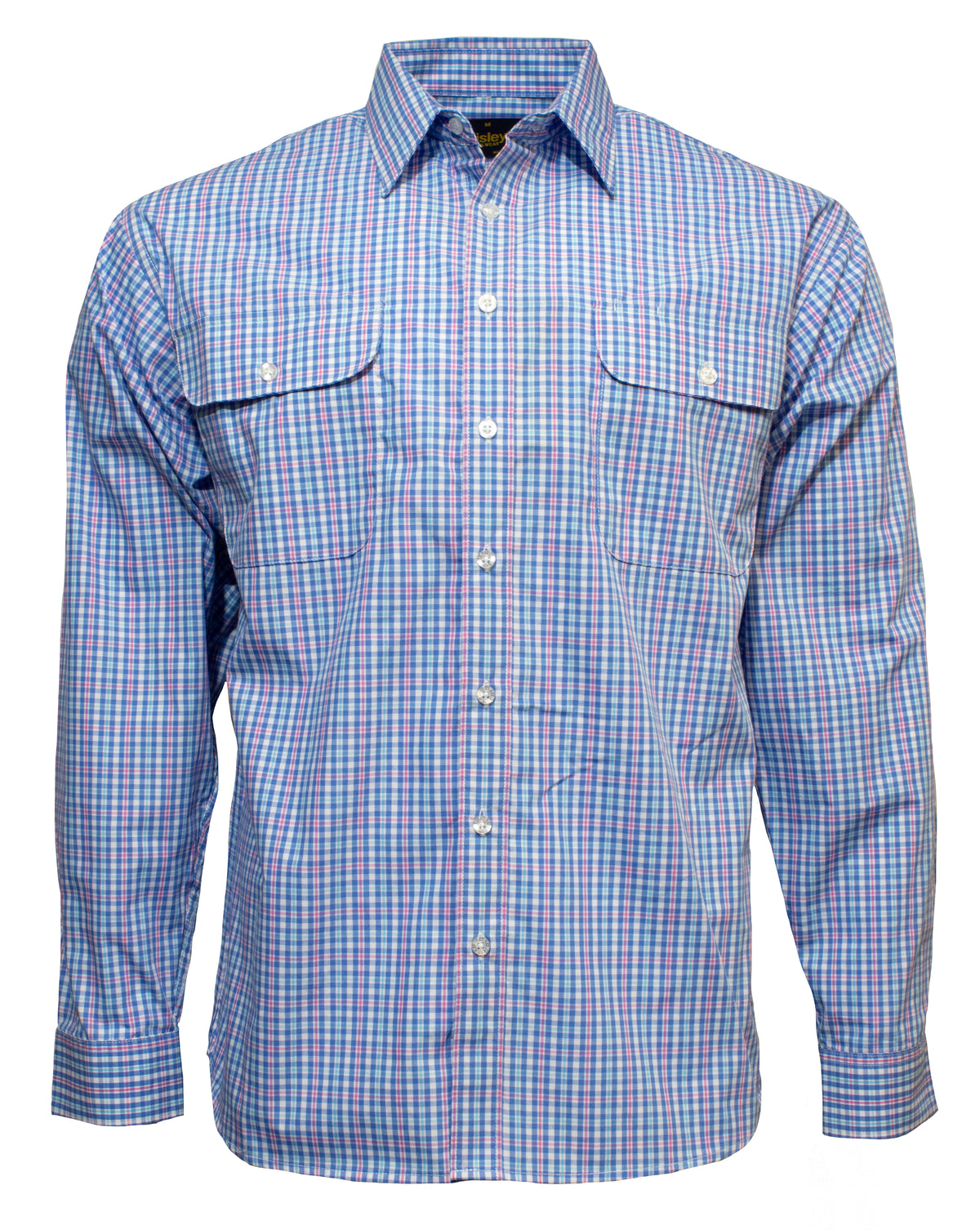 The Bisley Countryman Shirt is a button-up, long-sleeve shirt showcasing a checkered pattern in blue, pink, green, and white. Crafted from a durable polyester/cotton blend, it features a classic collar, two chest pockets with buttoned flaps, and white buttons running down the front. Displayed on a plain white background.