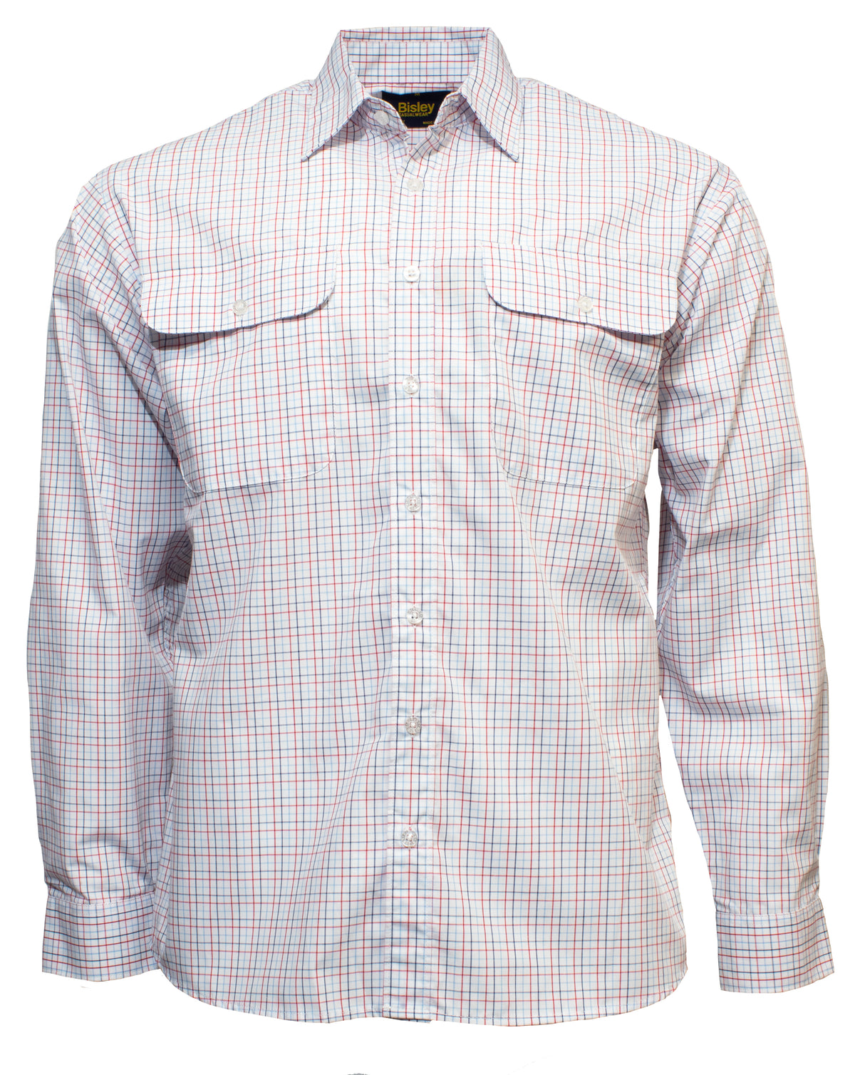 The Bisley Countryman Shirt is a long-sleeved, button-up shirt made from a polyester/cotton blend with a light red and blue plaid on white, featuring two chest pockets with flaps and a classic collared neckline.