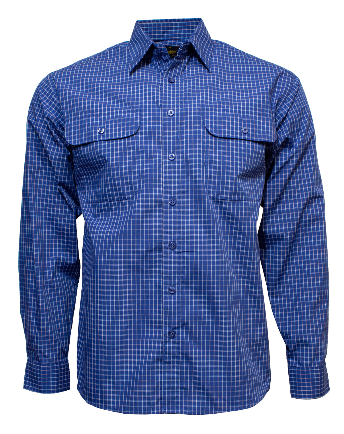 The Bisley Countryman Shirt boasts a blue and white checkered pattern, long sleeves, a button-up front, and two buttoned chest pockets. Made from a Polyester/Cotton blend, it includes a collar and is showcased on a plain white background.