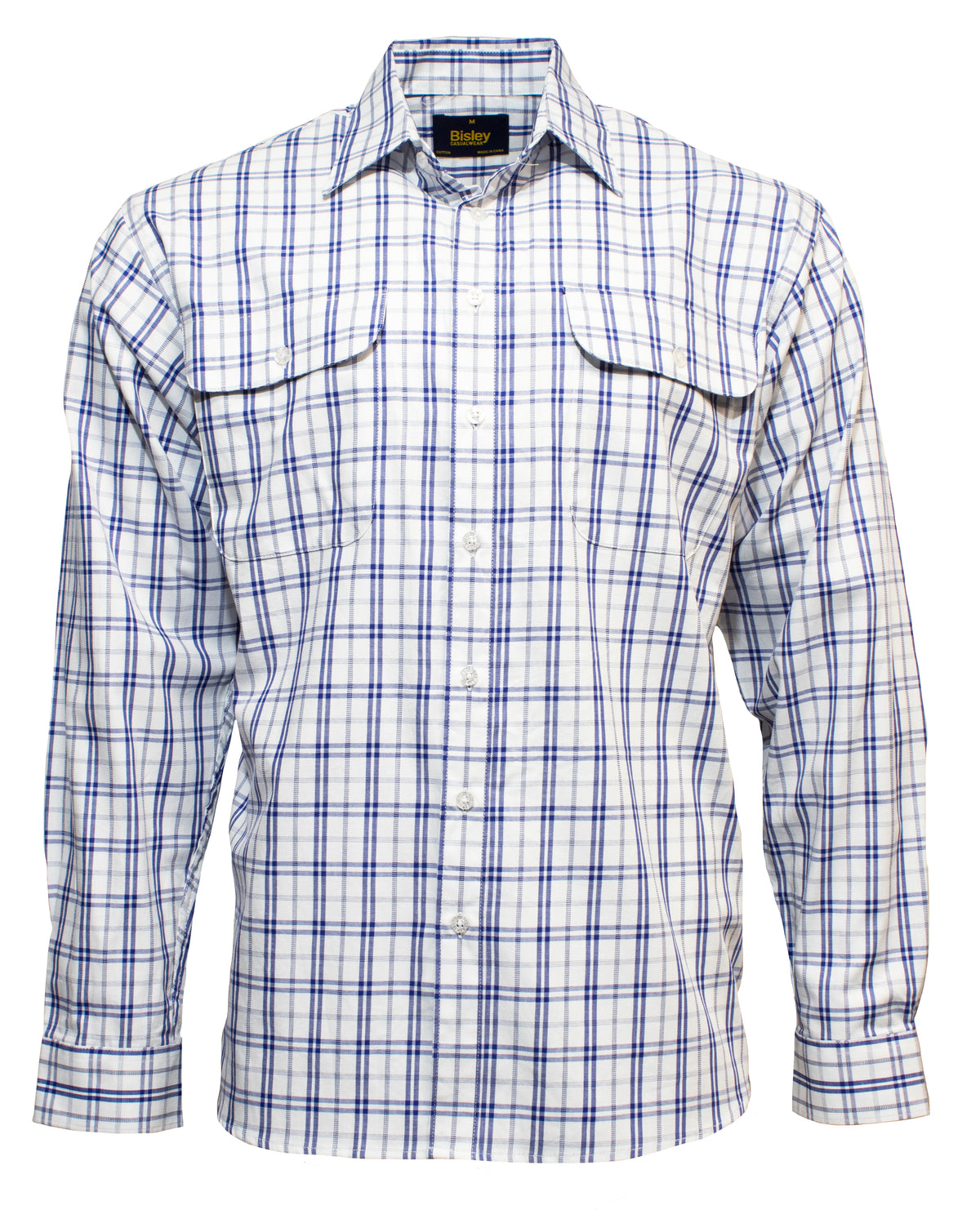 The Bisley Countryman Cotton Shirt is a long-sleeved, blue and white plaid button-up featuring buttoned chest pockets, stylish cuffs, and a classic collar. The checkered pattern showcases thin blue lines on a crisp white background.